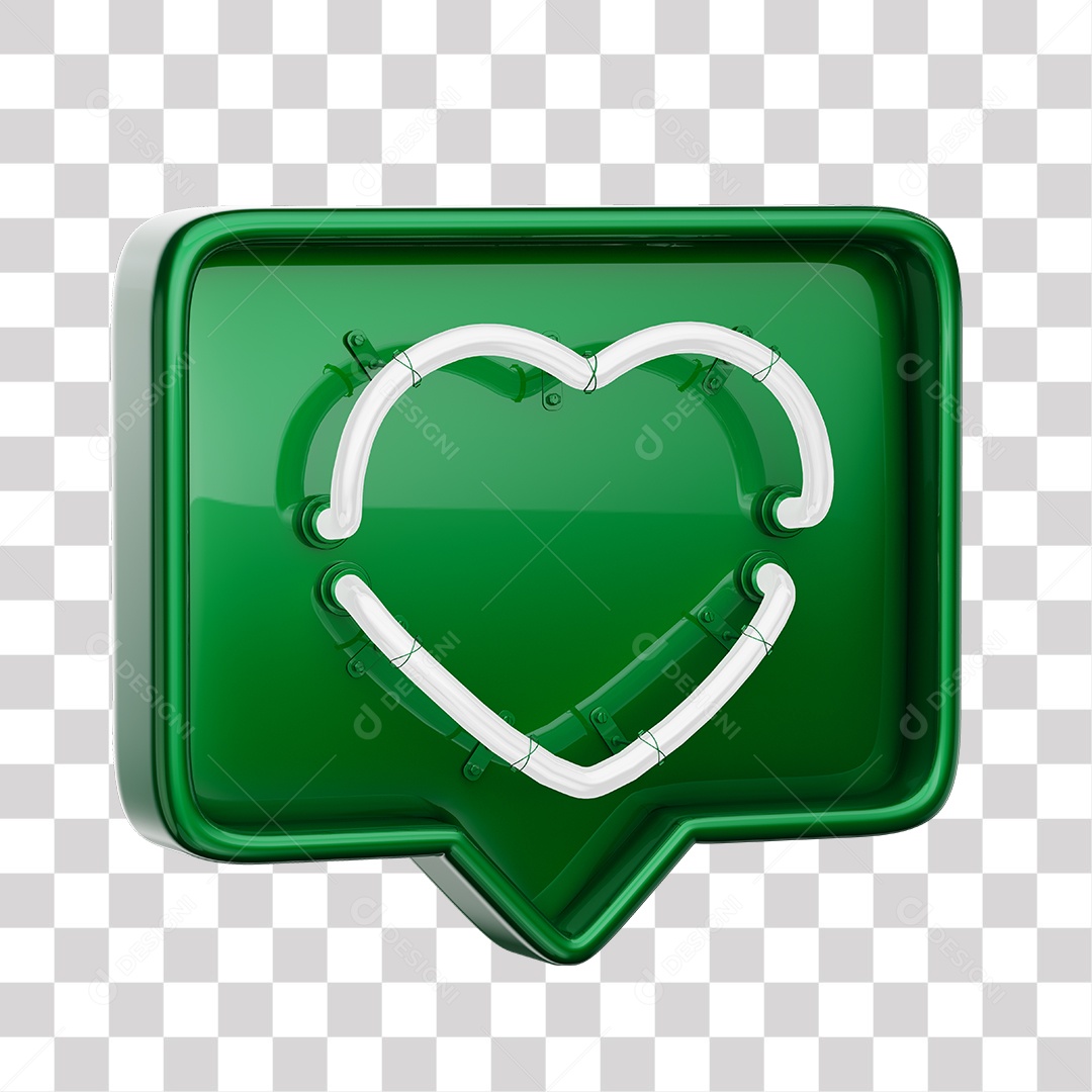 Emoji de Curtida Verde com Coração Branco De Led Elemento 3D Para Composição PNG Transparente