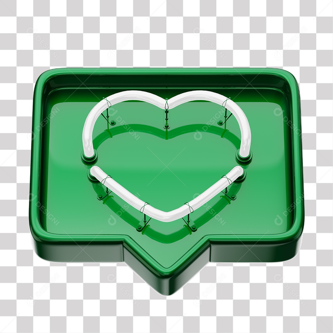 Emoji de Curtida Verde com Coração Branco De Led Elemento 3D Para Composição PNG Transparente