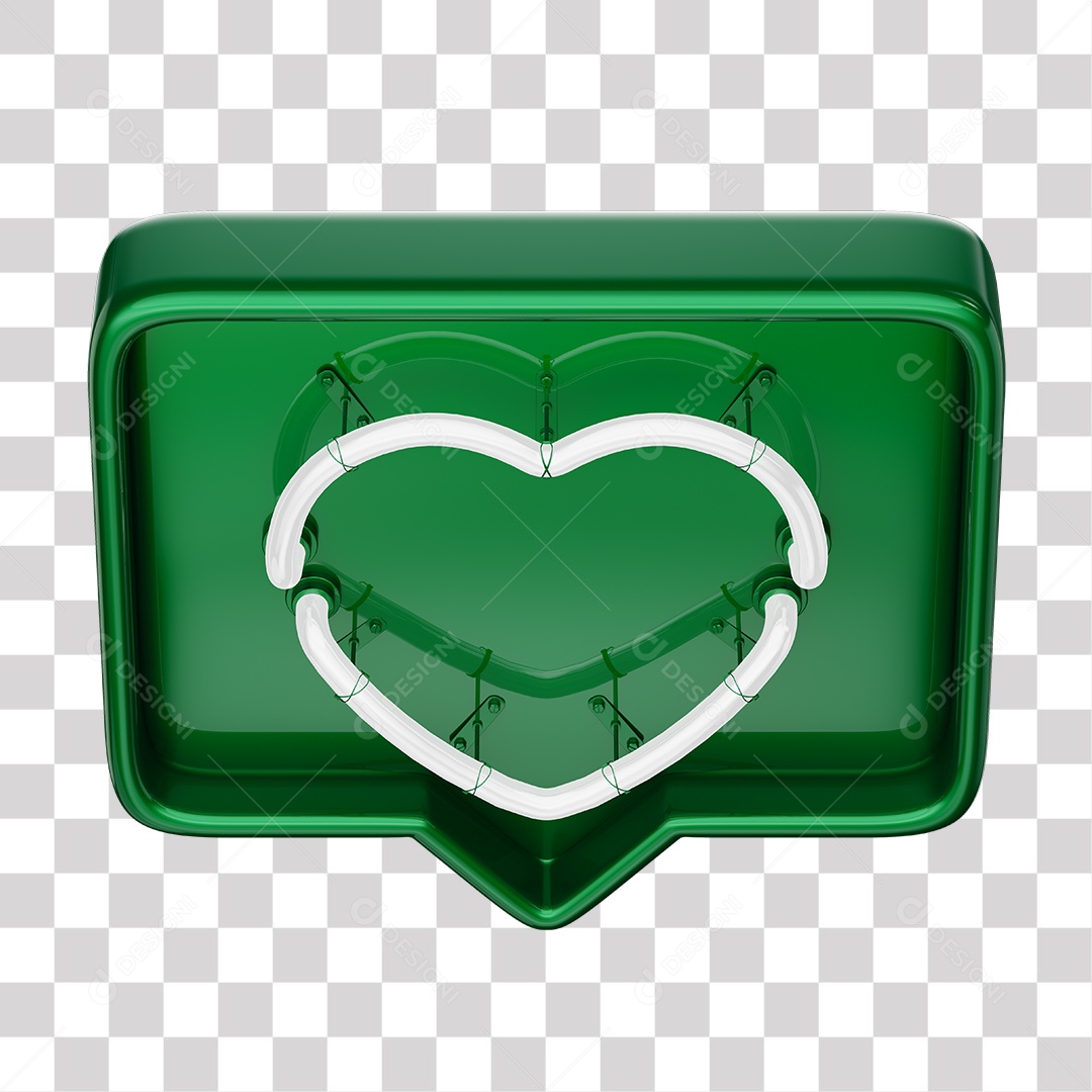 Emoji de Curtida Verde com Coração Branco De Led Elemento 3D Para Composição PNG Transparente
