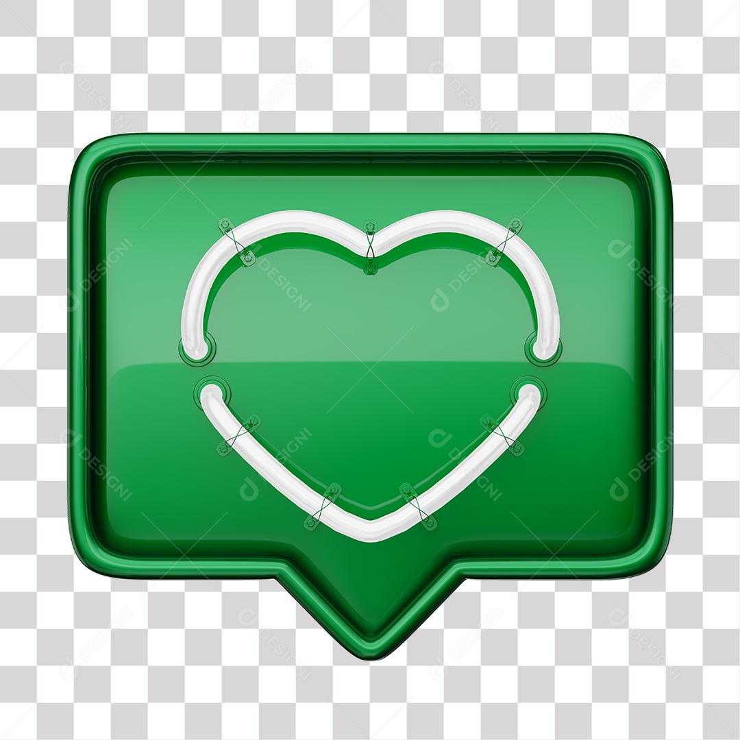 Emoji de Curtida Verde com Coração Branco De Led Elemento 3D Para Composição PNG Transparente