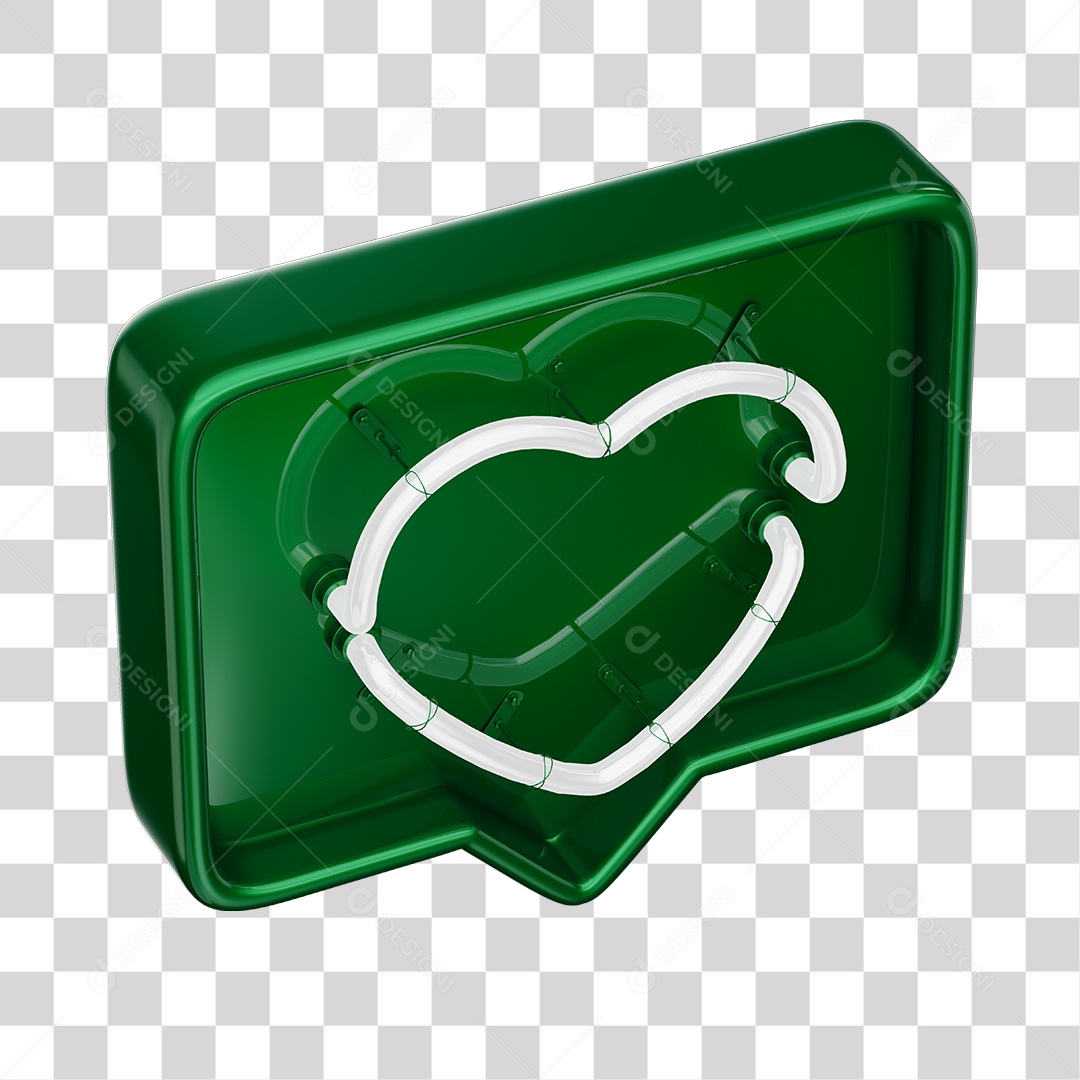 Emoji de Curtida Verde com Coração Branco De Led Elemento 3D Para Composição PNG Transparente