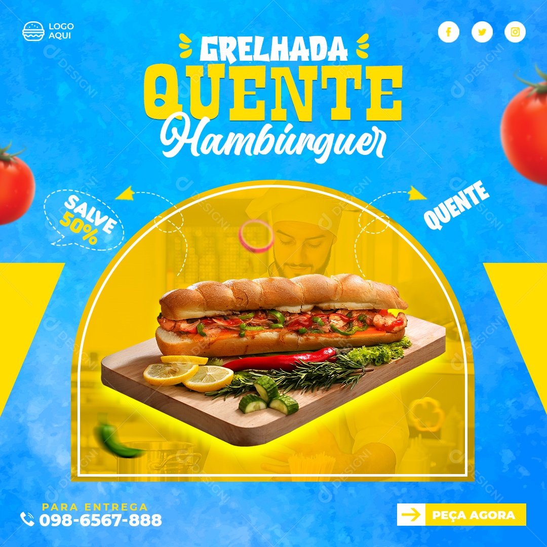 Social Media Hamburgueria Grelhado e Quente Hambúrguer PSD Editável