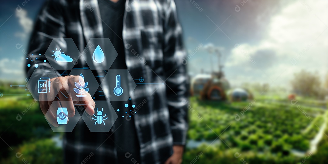 Fazenda inteligente moderna, controlada por tecnologia Os agricultores