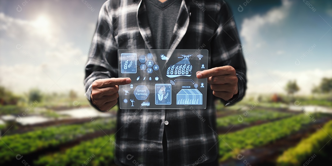 Fazenda inteligente moderna, controlada por tecnologia Os agricultores