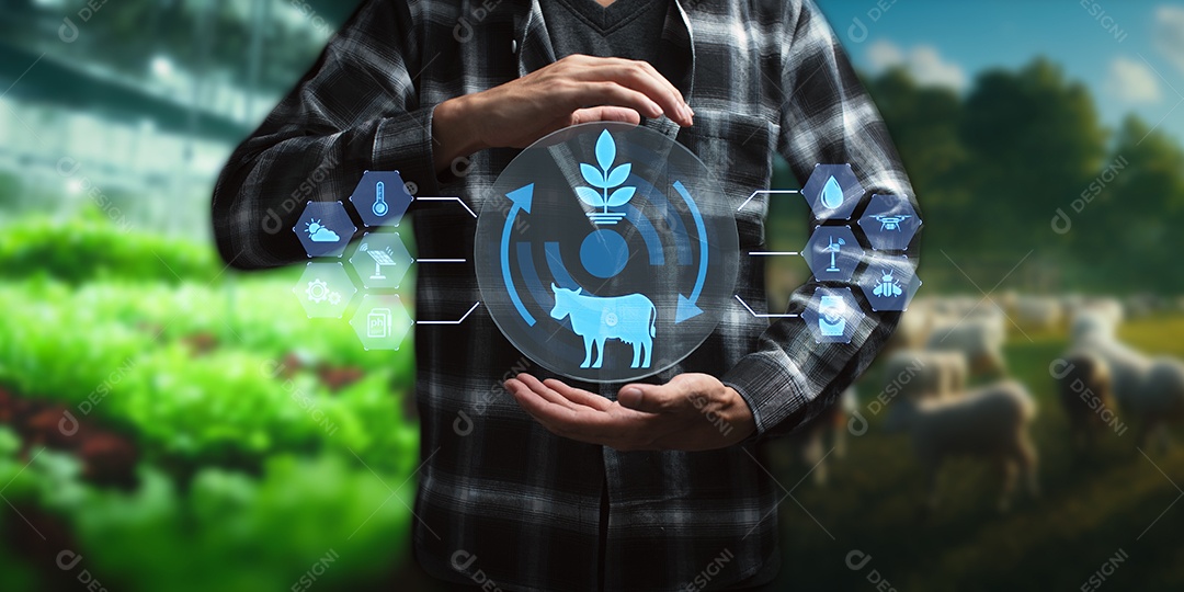 Fazenda inteligente moderna, controlada por tecnologia Os agricultores