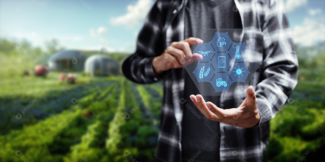 Fazenda inteligente moderna, controlada por tecnologia Os agricultores