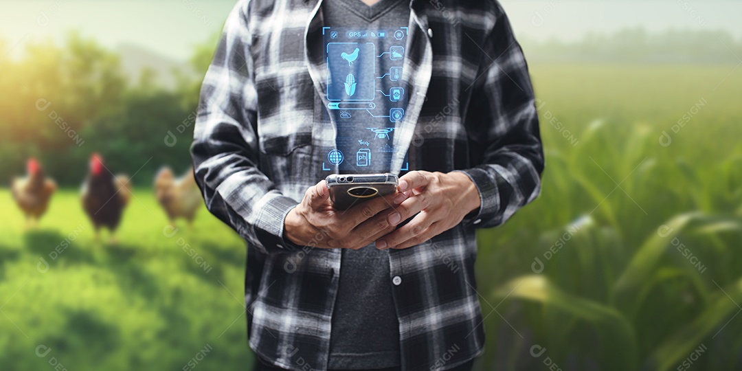 Fazenda inteligente moderna, controlada por tecnologia Os agricultores