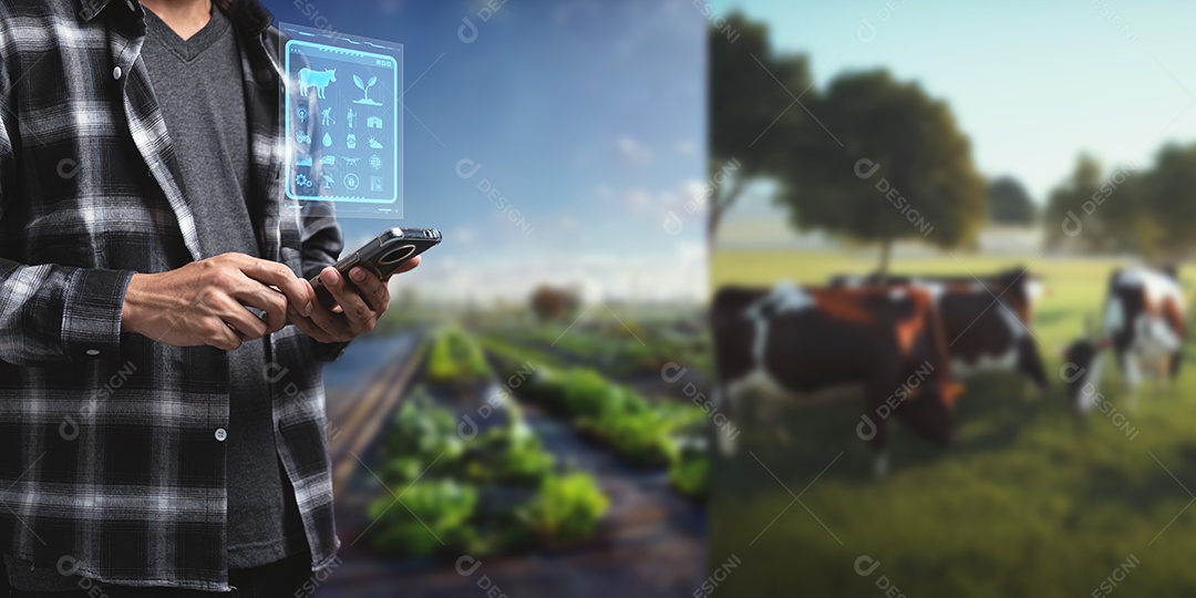 Fazenda inteligente moderna, controlada por tecnologia Os agricultores