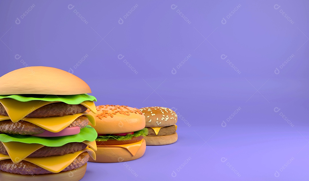 Closeup de renderização 3D tamanho múltiplo de hambúrguer. conceito de fast food de ilustração 3D e espaço para cópia