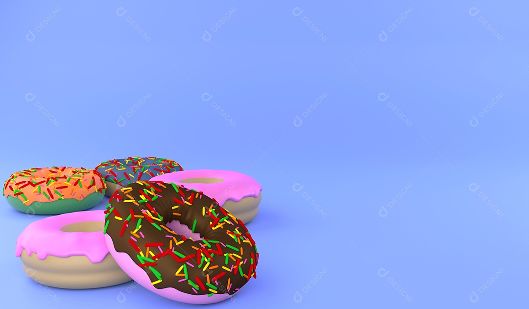 Rosquinha de renderização 3D e rosquinha de cobertura em fundo azul.