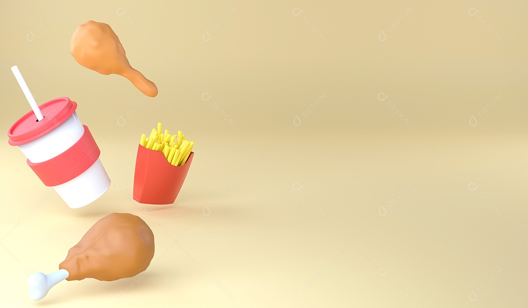 Fast-food de renderização 3D em fundo amarelo.