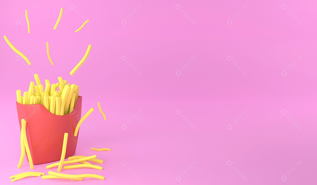 Batatas fritas de renderização 3D em fundo rosa.