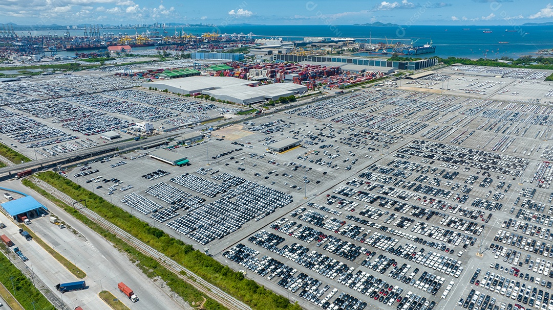 Muitos carros novos estacionando antes do envio ao cliente do revendedor, carros