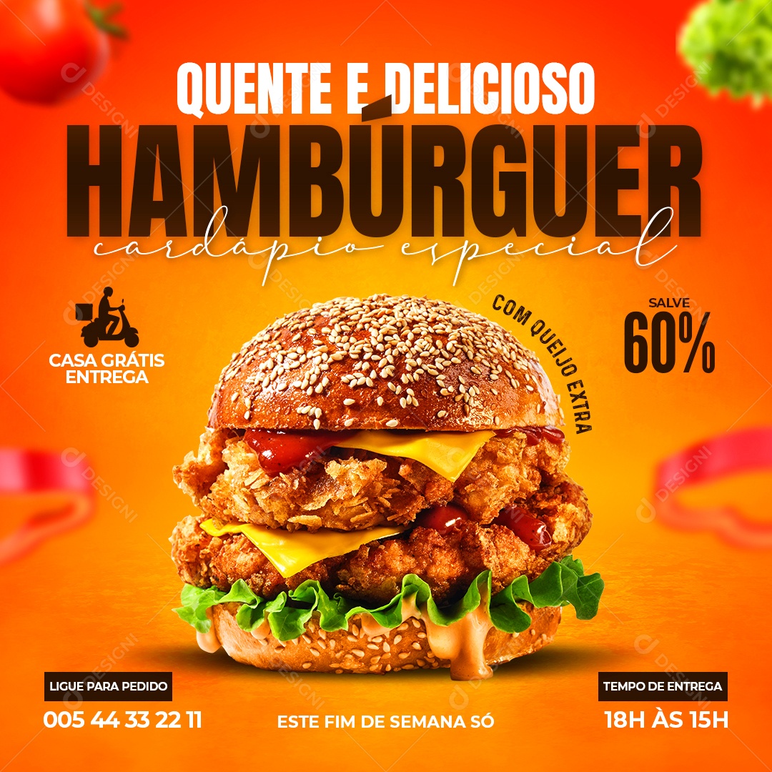 Social Media Quente e Delicioso Hambúrguer PSD Editável