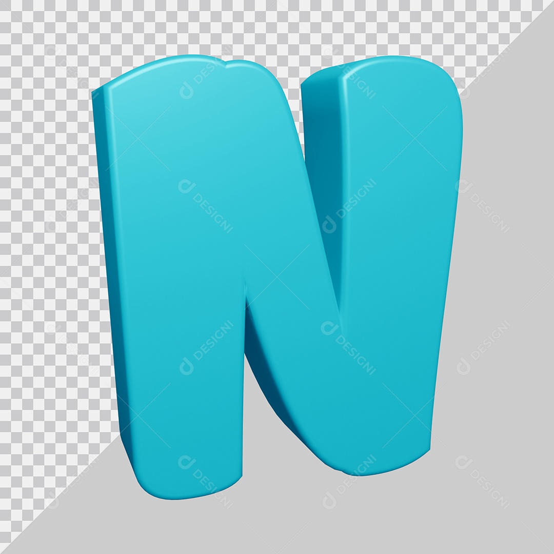 Letra N Maiúscula Azul Ciano 3D Para composição PSD