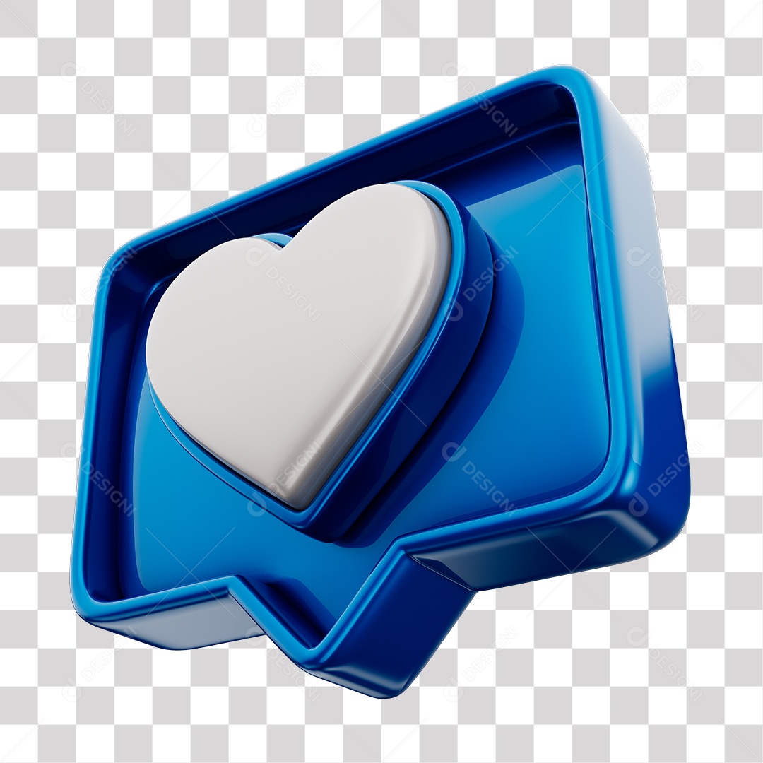 Emoji de Curtida Azul com Coração Branco Elemento 3D Para Composição PNG Transparente