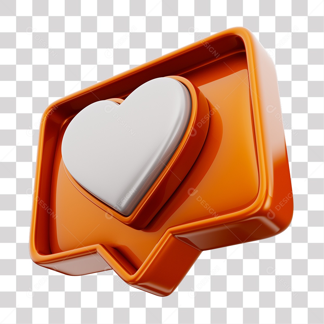 Emoji de Curtida Laranja com Coração Branco Elemento 3D Para Composição PNG Transparente