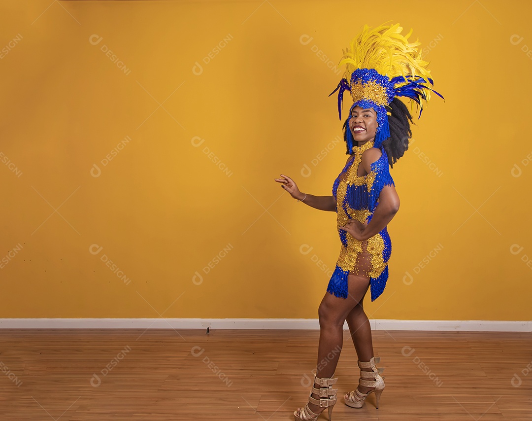 Mulher jovem morena usando fantasia carnaval cabelo black Power