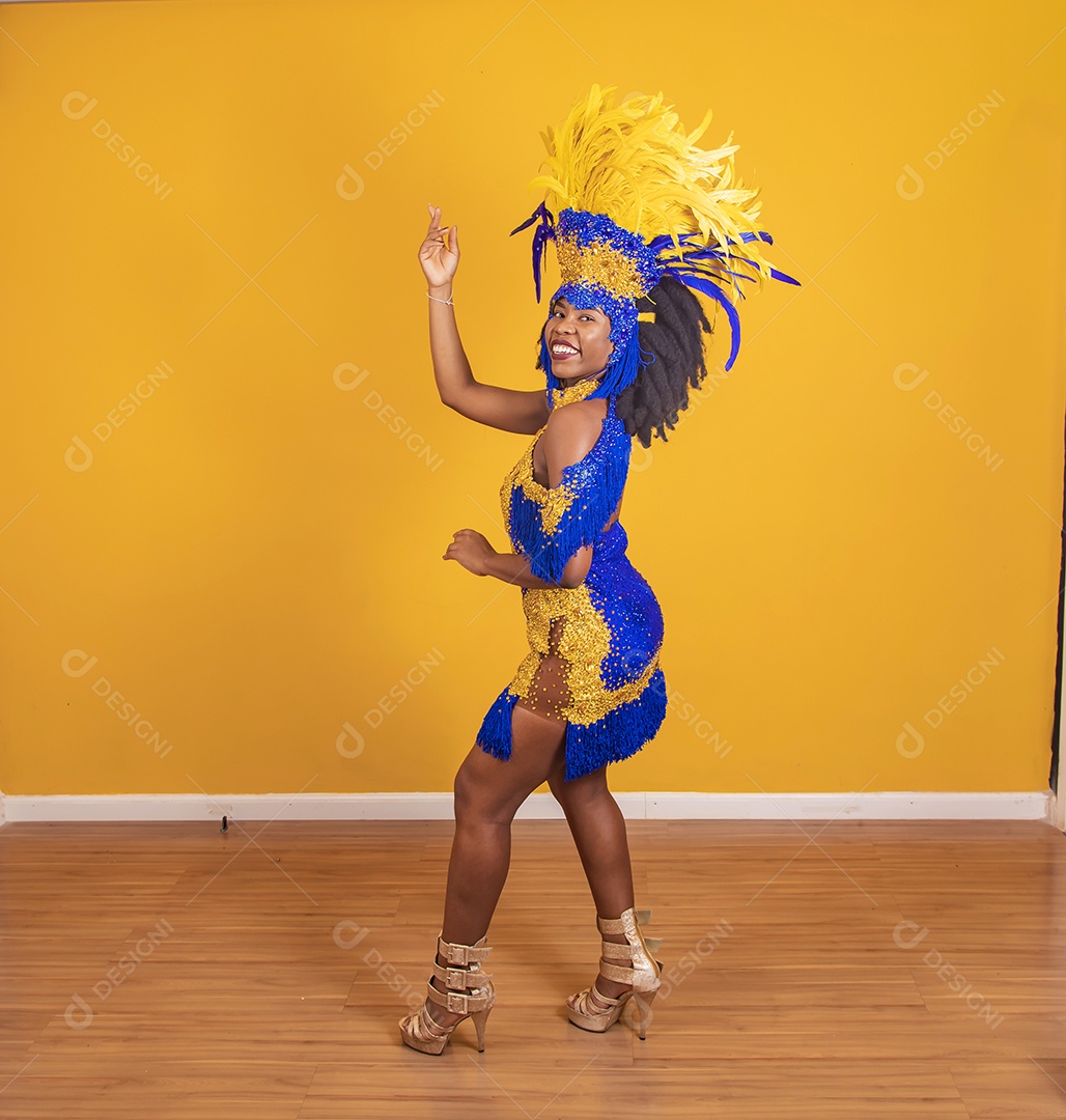 Mulher jovem morena usando fantasia carnaval e bandeira cabelo black power