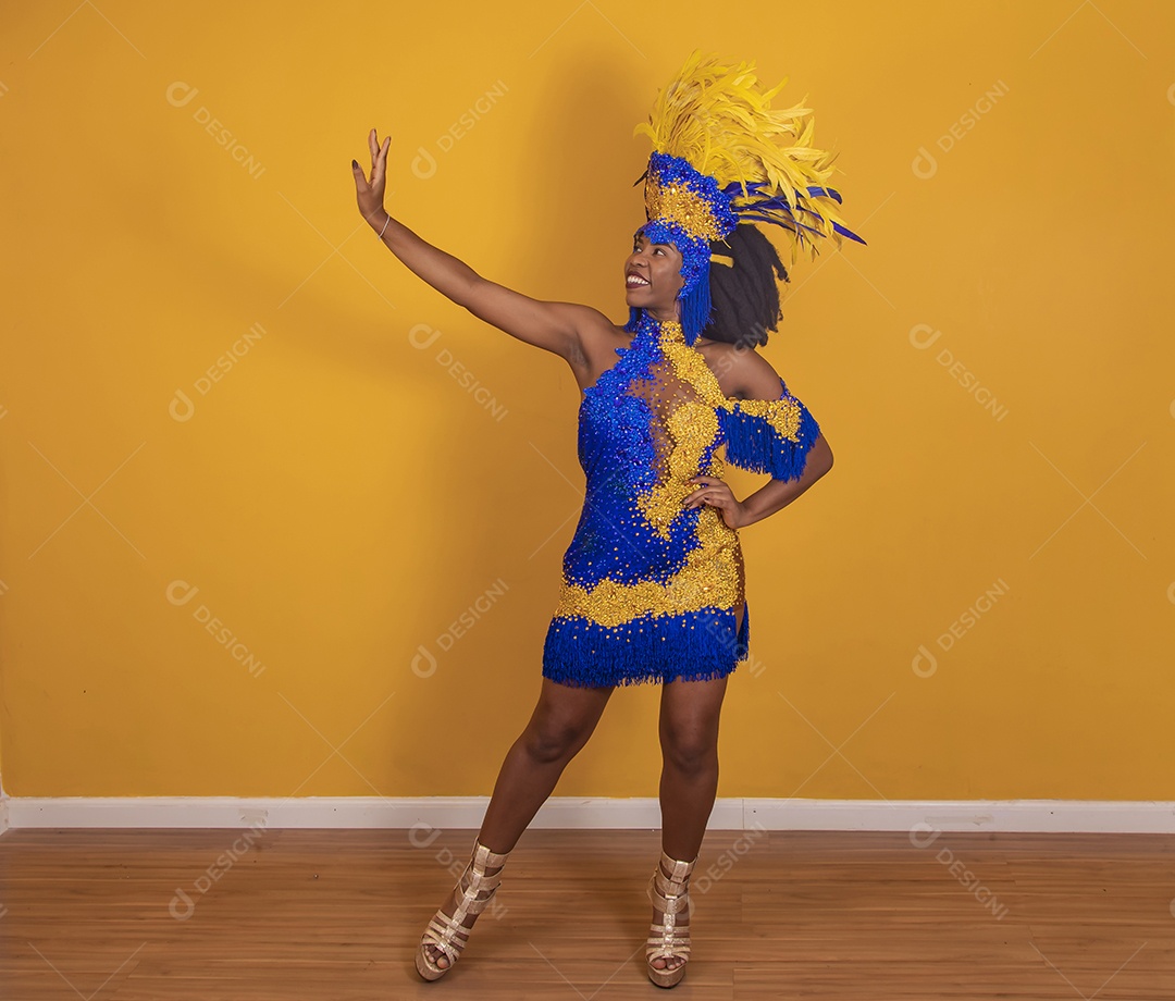 Mulher jovem morena usando fantasia carnaval cabelo black power