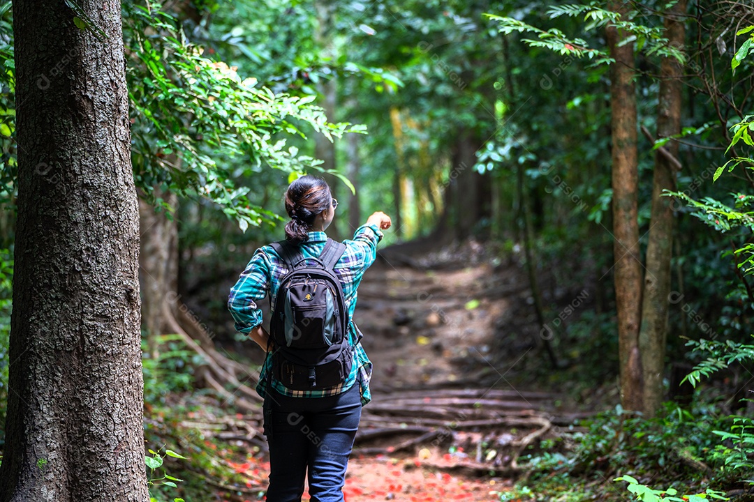 Mulher com mochila explorando a bela floresta tropical em Sub madue Petchabun Tailândia. Conceito de viagens e ecoturismo