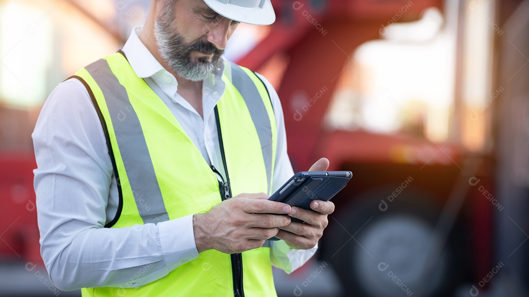 CEO ou gerente de capacete branco com controle de tablet carregando Conta