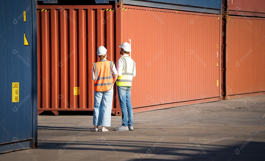 Warehouse cargo business. CEO man and American woman in security