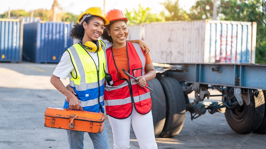 Technician woman or maintenance worker holds mechanic toolbox