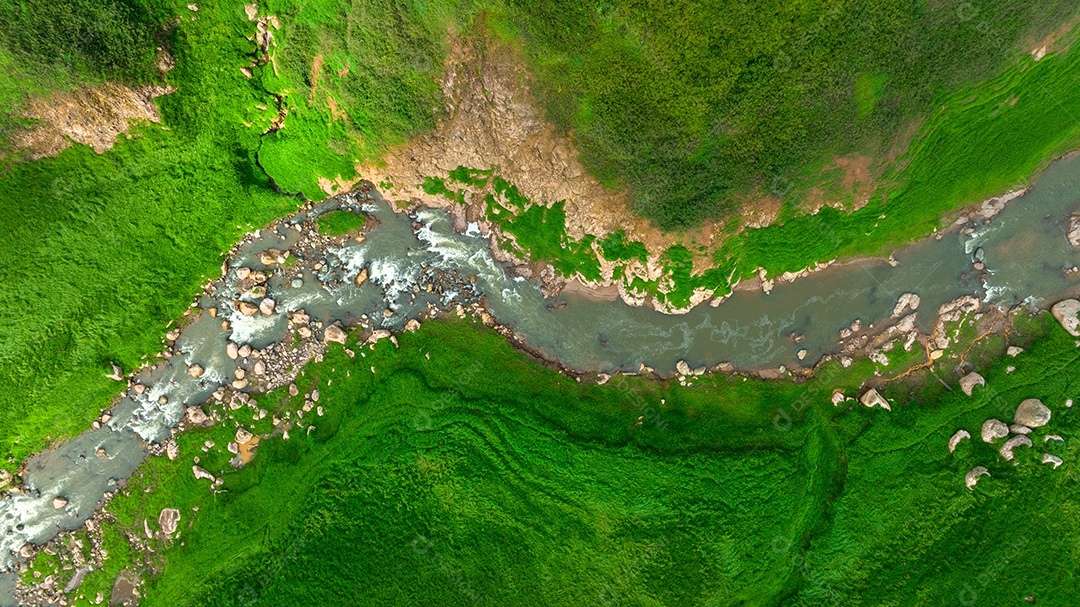 Vista aérea do belo córrego de água natural e campo verde