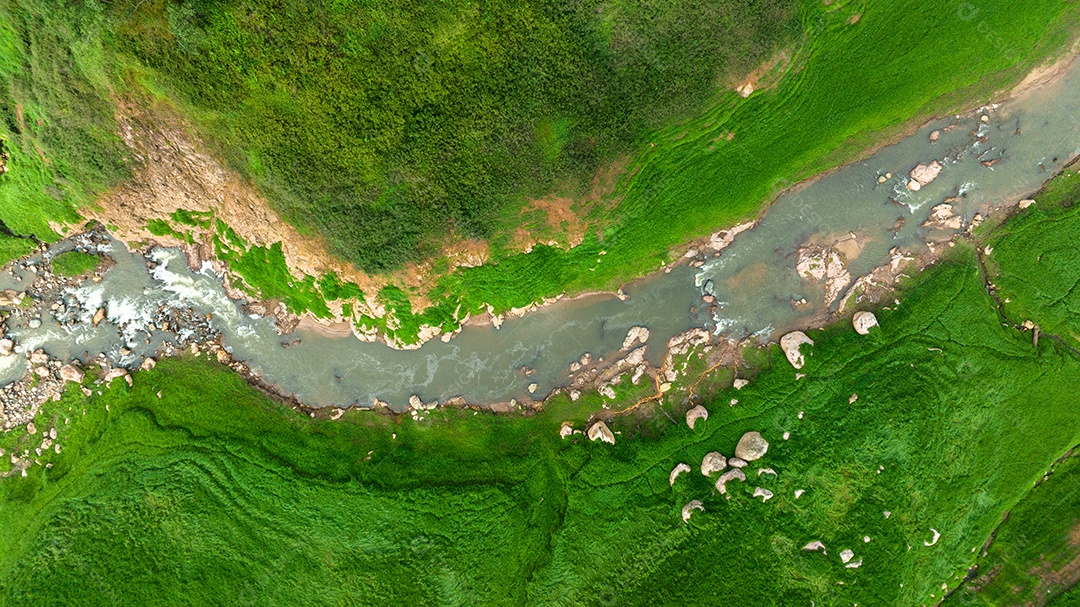 Vista aérea do belo córrego de água natural e campo verde