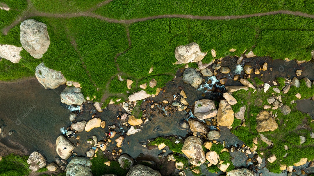 Vista aérea do belo córrego de água natural e campo verde