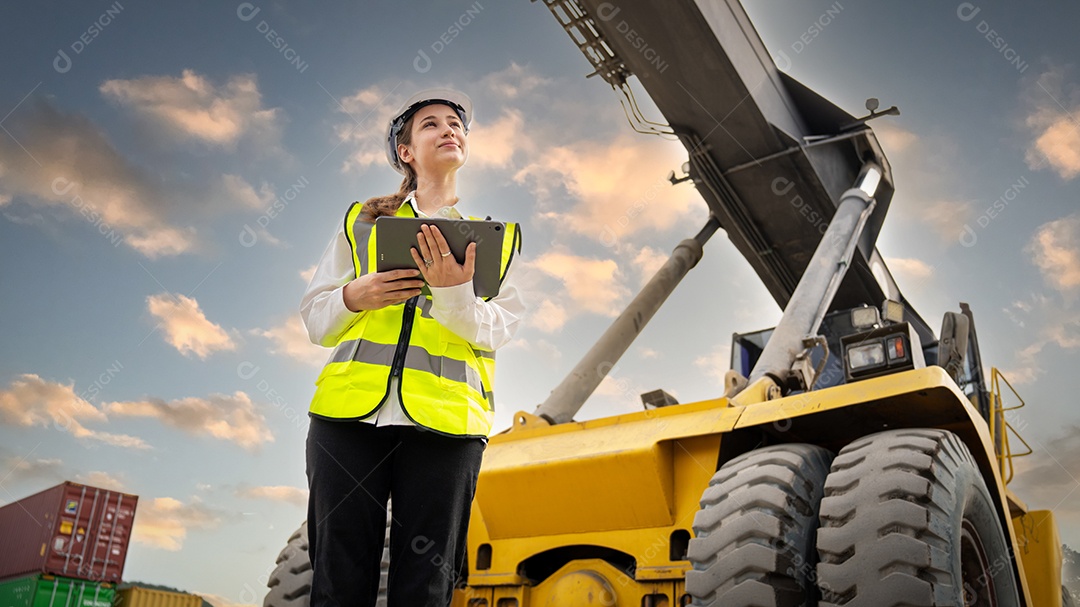 Empilhadeira de controle de contramestre de mulher carregando carga de contêineres