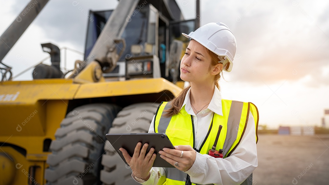 Empilhadeira de controle de contramestre de mulher carregando carga de contêineres