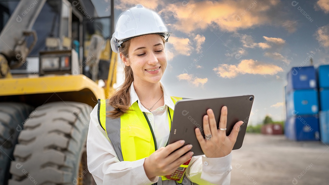 Empilhadeira de controle de contramestre de mulher carregando carga de contêineres
