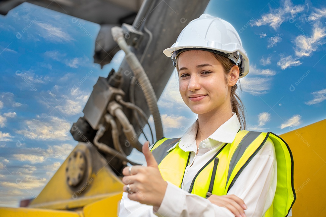 O contramestre da mulher sorri o polegar para cima ao lado da empilhadeira