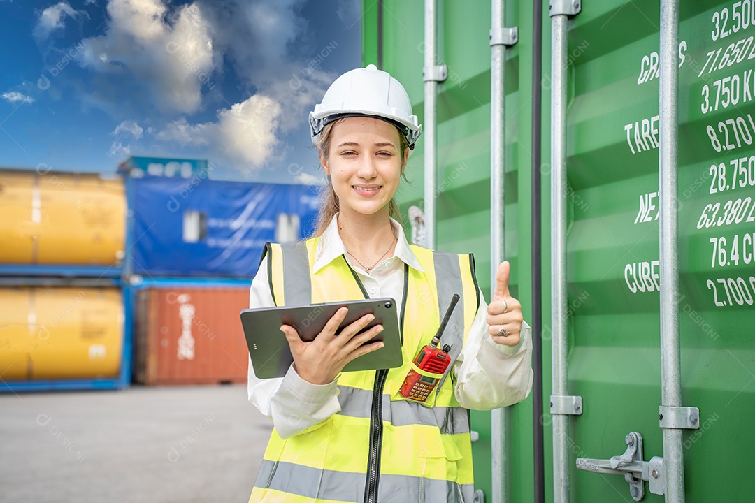 Gerente de inspetor de mulher verificando carga em contêiner de carga personalizado