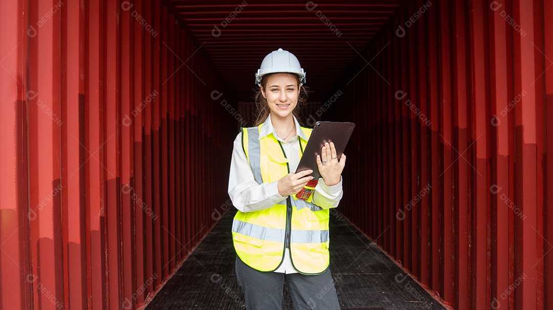 O recipiente de carga do gerente da senhora do sucesso mostra a mão.