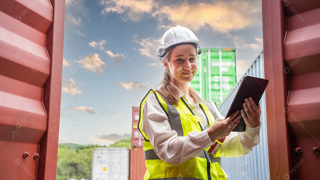 Gerente de mulher usando tablet para verificar o código do contêiner de carga.