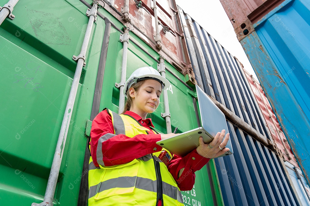 Mulher inspetora verificando a carga no contêiner de carga personalizado.