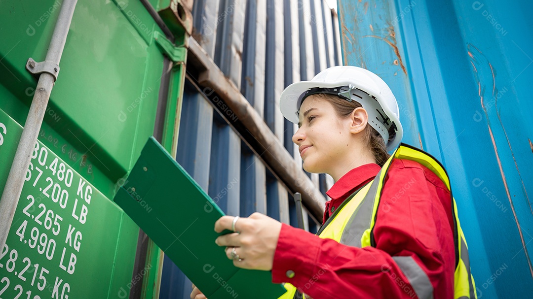 Mulher inspetora verificando a carga no contêiner de carga personalizado.