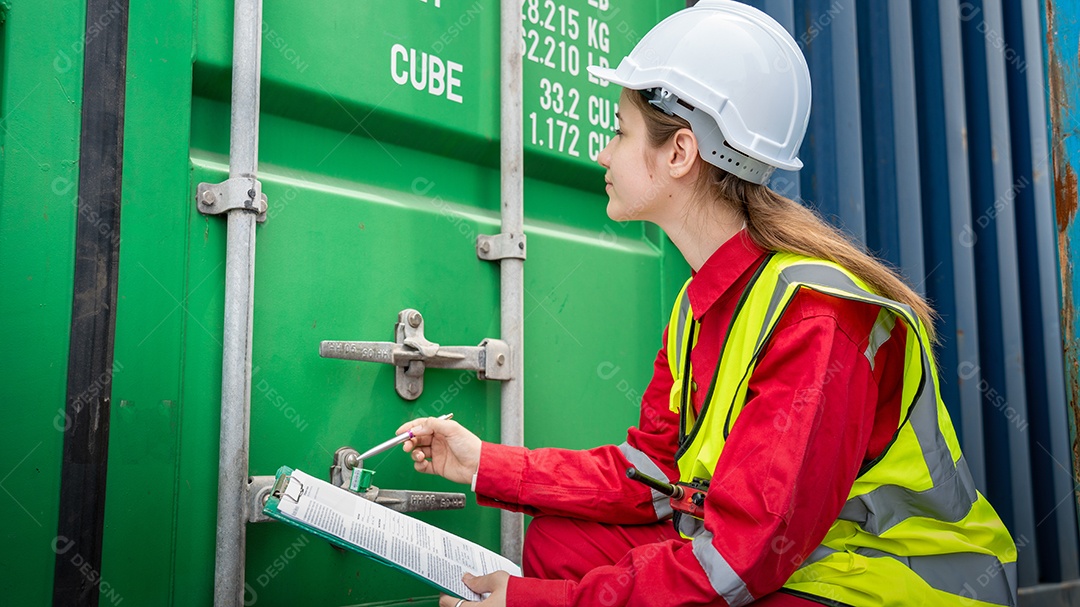 Mulher inspetora verificando a carga no contêiner de carga personalizado.