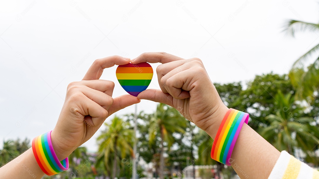 Lesbian gay woman trust in love hand symbol outdoors. LGBT coup.