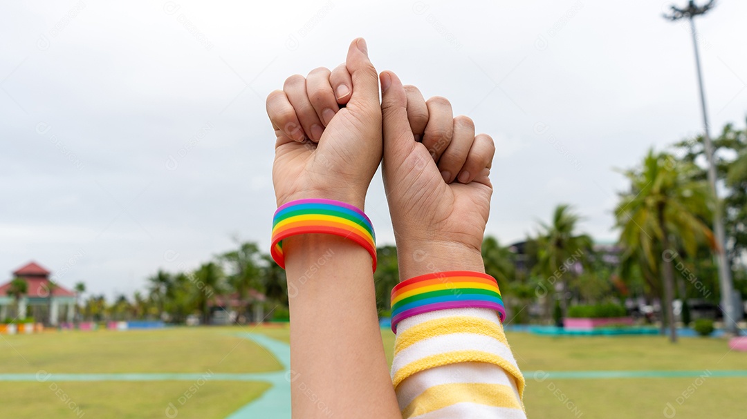 Mulher gay lésbica confia no símbolo da mão do amor ao ar livre. Golpe LGBT.