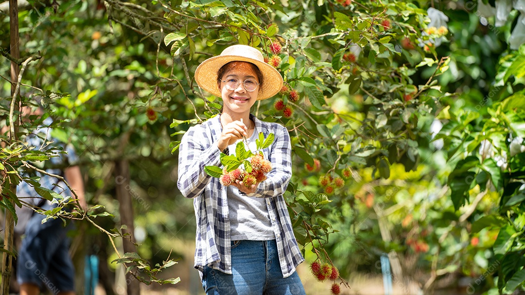 Colheita de por Mulher inteligente Farmer em frutas orgânicas.