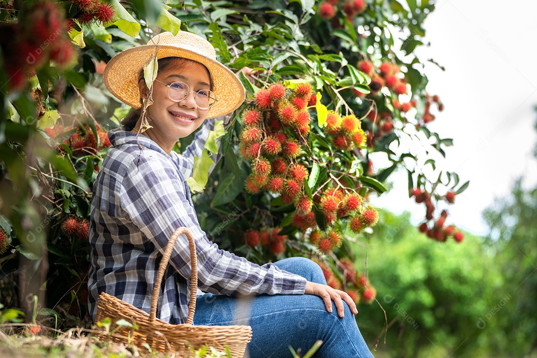 Mulher agricultora da Ásia Agricultor de frutas Agricultor verificando a qualidade do produto.