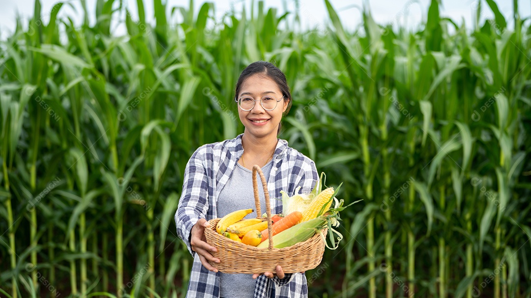 u-172 (2)aLinda jovem morena retrato mulher mão segurando legumes na cesta de bambu na planta de cultivo verde no fundo do por do sol