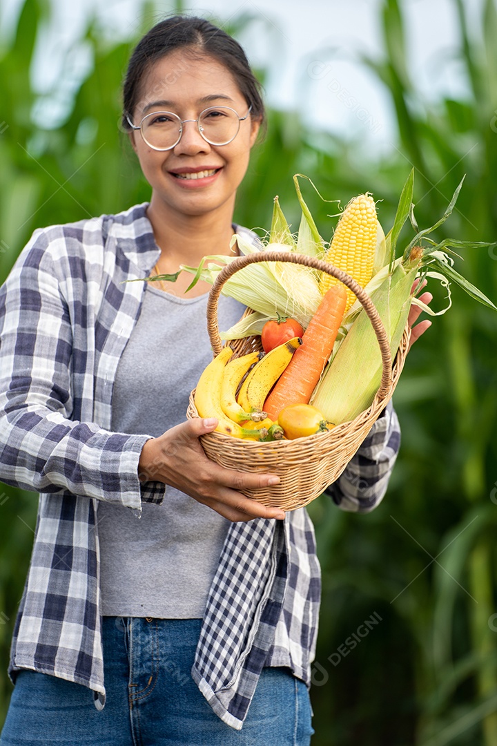 Linda jovem morena retrato mulher mão segurando legumes na cesta de bambu na planta de cultivo verde no fundo do por do sol.