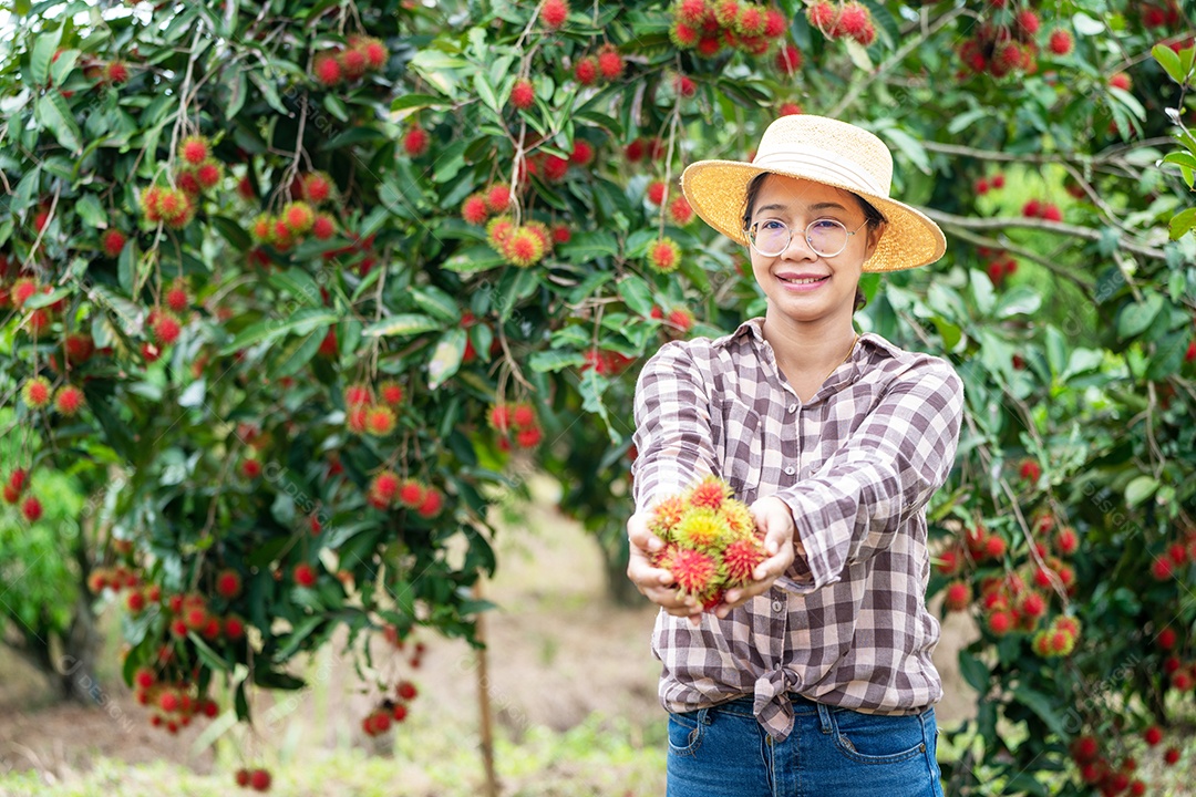 Agricultora asiática Farmer, agricultora segurando pilha de frutas.