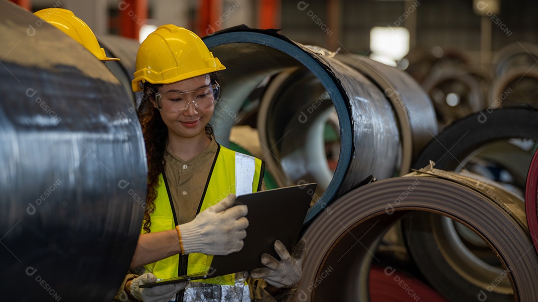 Garota da Ásia Trabalhador de fábrica do capataz da indústria pesada verifica o estoque