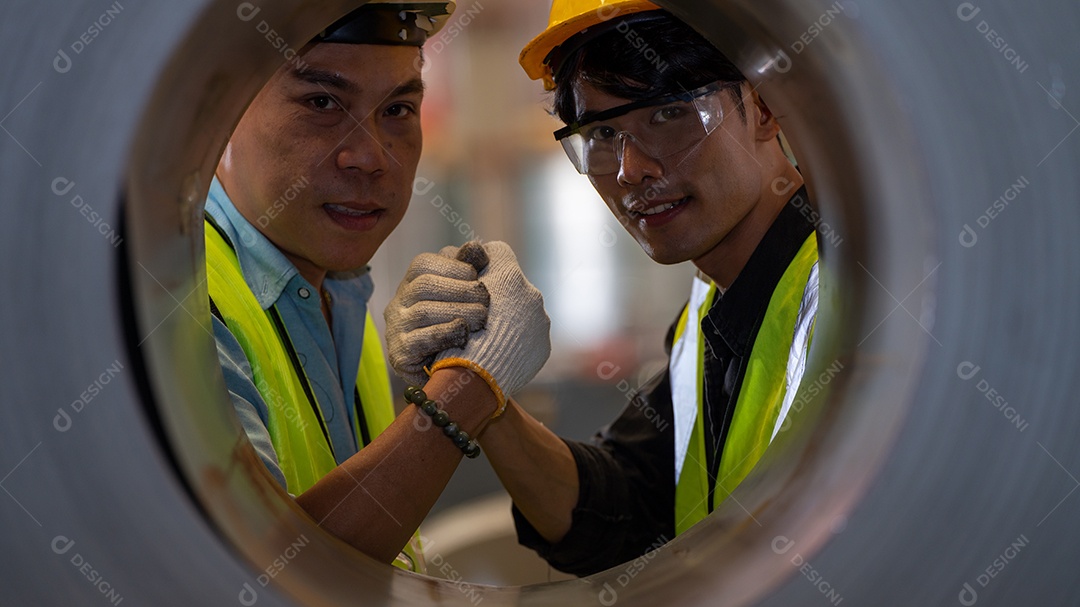 Industry Man Fist Knocking Partner Industry Business Confidence Teamwork In Heavy Industry Factory Concept